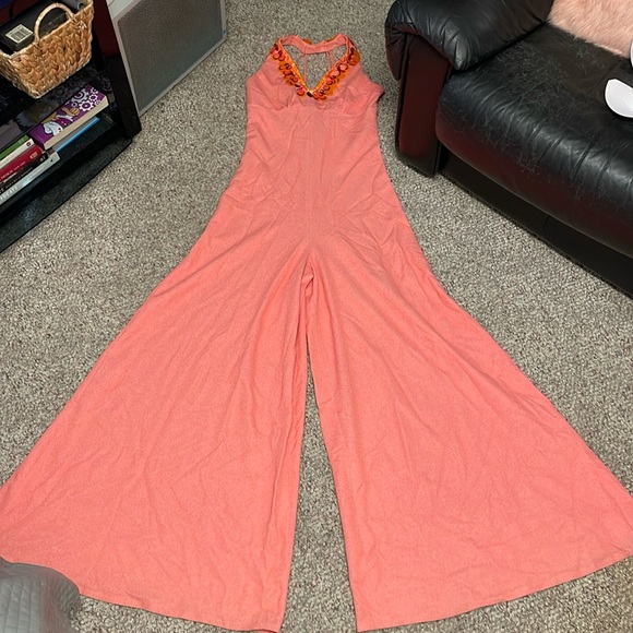Vintage Pants - Vintage 70s poly ultra wide leg bell bottom jumpsuit with metallic disc neck